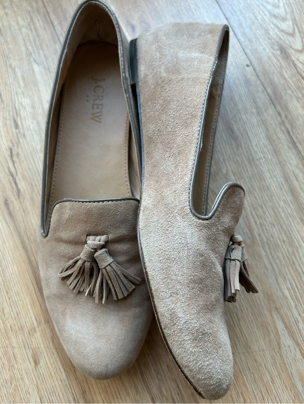 J. Crew Taupe Tan Beige Suede Tassel Loafers Slip On Flats Sz 9